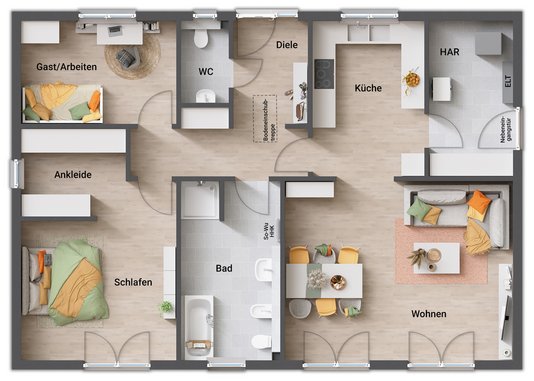 Bungalow 110 mit großem Bad, Gäste-WC, Ankleide und Hauswirtschaftsraum mit Nebeneingang